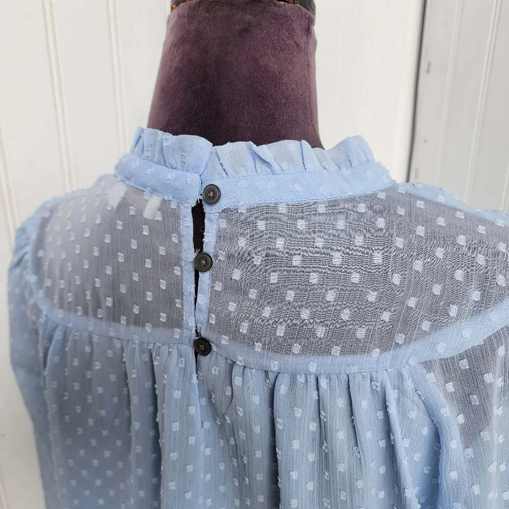 Loft Swiss Dot Ruffle Neck Balloon Sleeve Blouse Light Blue Sheer Boho Keyhole M - Picture 7 of 12
